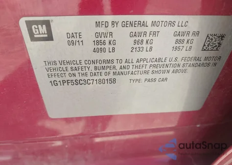 2012 Chevrolet Cruze 1Lt from USA, damaged, VIN 1G1PF5SC3C7180158